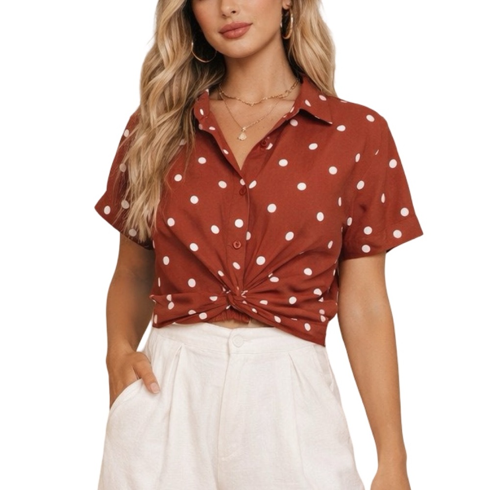 Polka Dot Knot Front Burnt Red Button Down Blouse With back Smocked Band boho